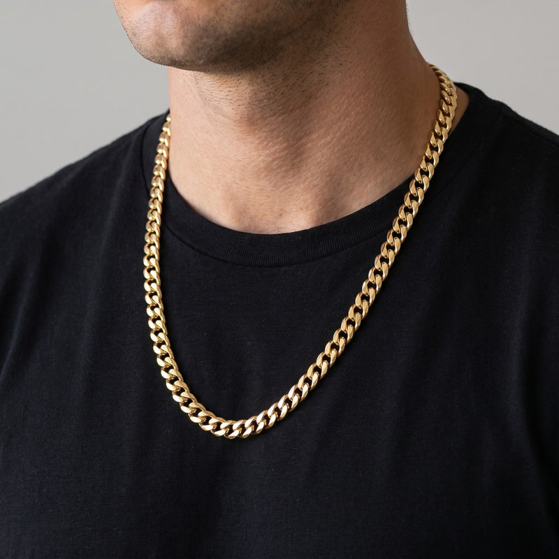 Worn look: 14K Gold miami cuban chain, 6.6 mm, made by AI from this chain's own photos, not a measured fit
