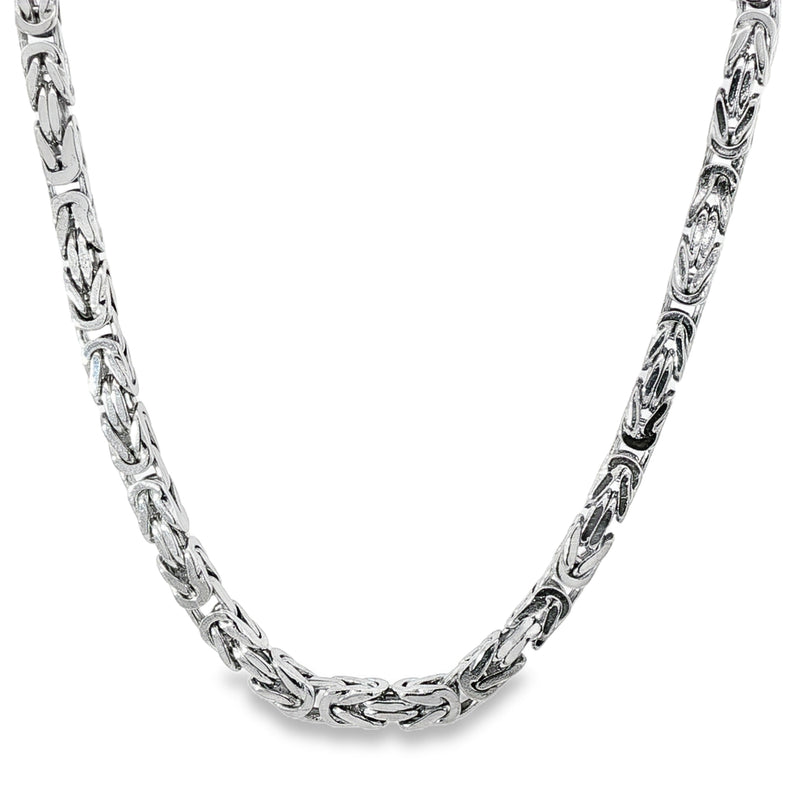 Sterling silver 4.3mm Byzantine link chain necklace, 20 inches long, polished finish.