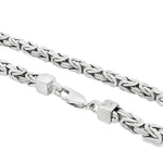 Sterling silver Byzantine link chain with 4.3mm thick woven design and lobster clasp.