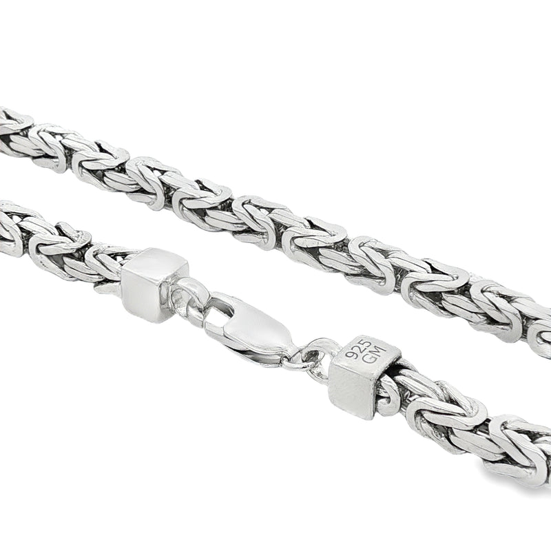 Sterling silver Byzantine link chain with 4.3mm thick woven design and lobster clasp.