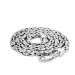Sterling silver Byzantine link chain with intricate 4.3mm woven design and lobster clasp.