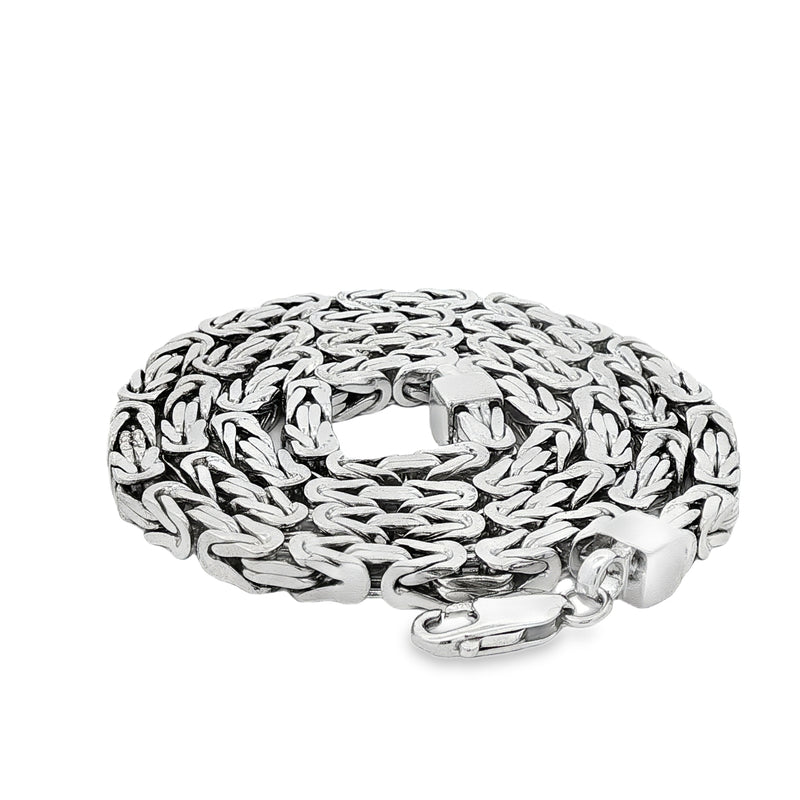 Sterling silver Byzantine link chain with intricate 4.3mm woven design and lobster clasp.
