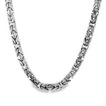 Sterling silver 5.5mm Byzantine link chain with intricate woven design.
