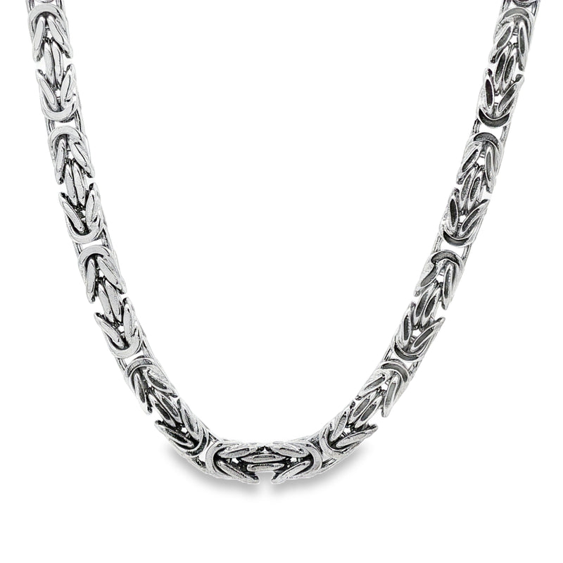 Sterling silver 5.5mm Byzantine link chain with intricate woven design.