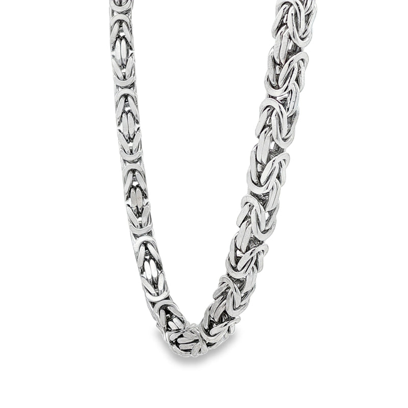 925 silver Byzantine link chain with intricate 5.5mm woven design, polished finish.