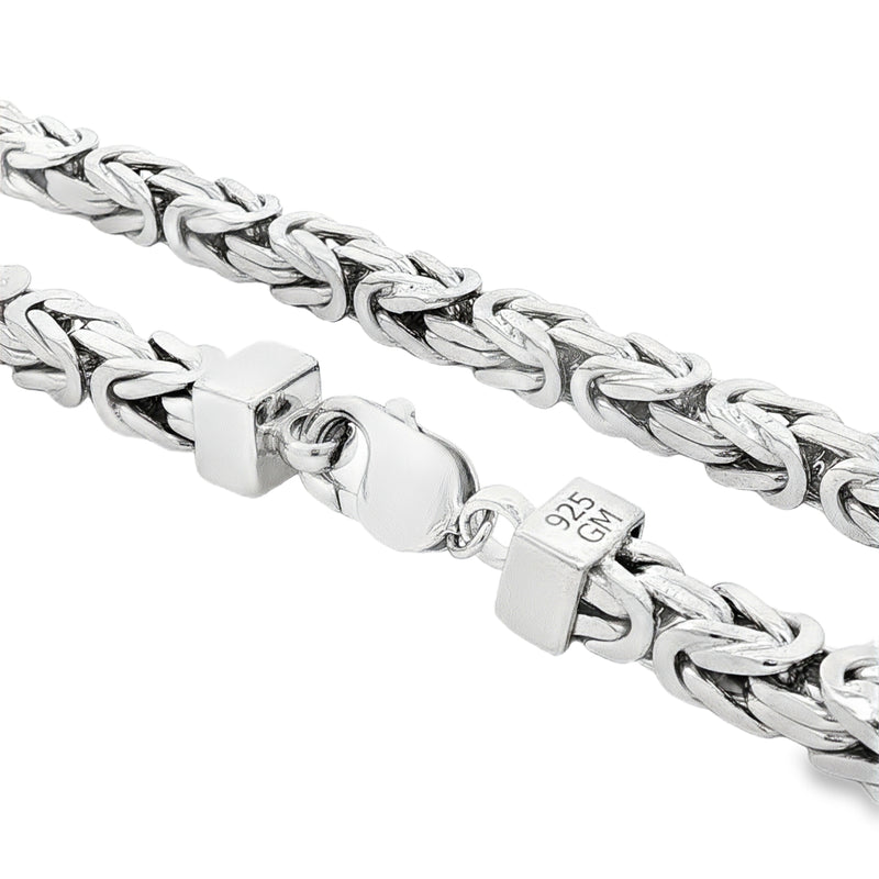 Sterling silver Byzantine link chain with lobster clasp, 6.2mm thickness, polished finish.