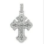 Sterling silver cross pendant with emerald cut diamonds and pavé diamond accents.