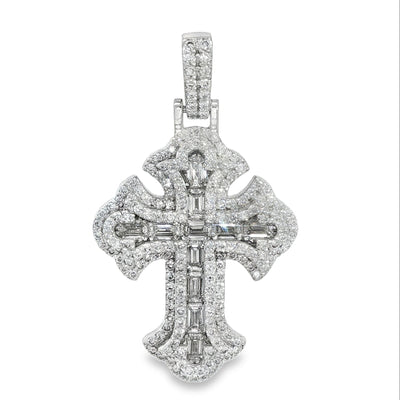 Sterling silver cross pendant with emerald cut diamonds and pavé diamond accents.