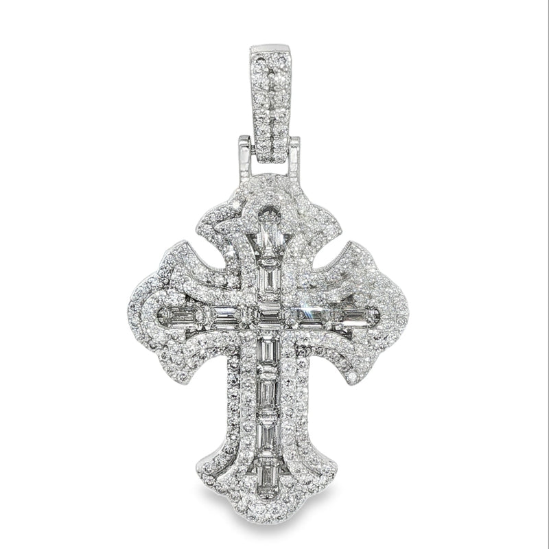 Sterling silver cross pendant with emerald cut diamonds and pavé diamond accents.