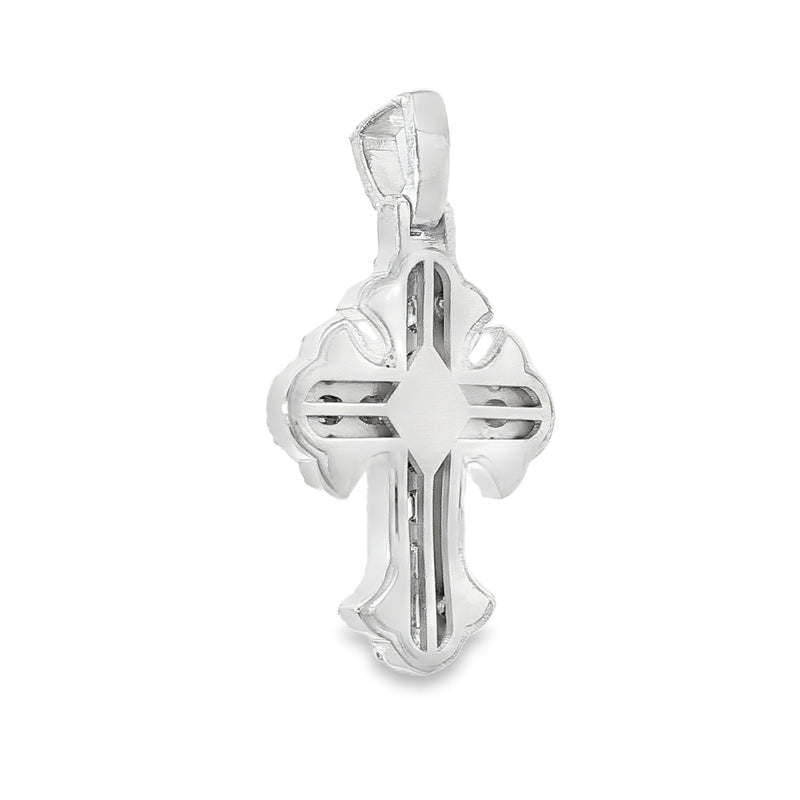 925 silver men's cross pendant with emerald cut diamond accents, polished finish.