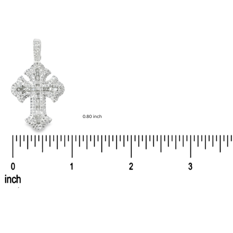 Sterling silver cross pendant with emerald cut diamond accents, 0.8 inch tall.