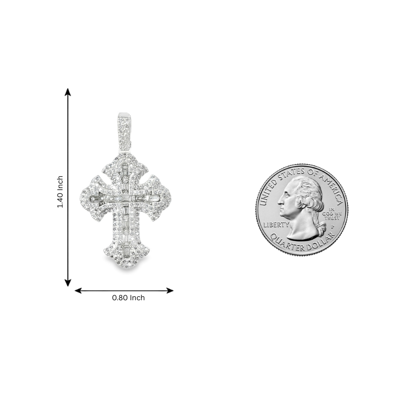 Sterling silver cross pendant with emerald-cut diamonds and decorative edges, 1.4 x 0.8 inch.