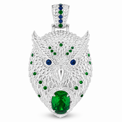 .925 Silver Emerald & Sapphire Owl Pendant 71786