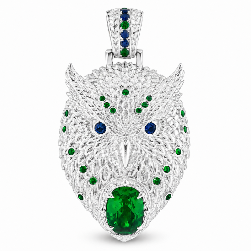 .925 Silver Emerald & Sapphire Owl Pendant, photo 1 of 12