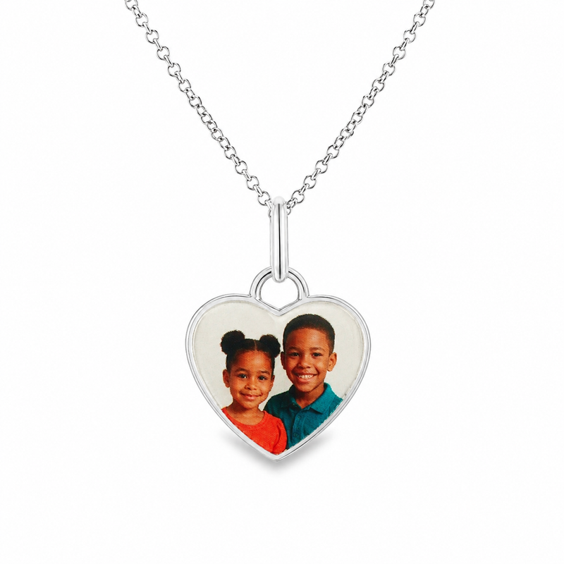 925 silver heart pendant necklace with custom photo of two children.
