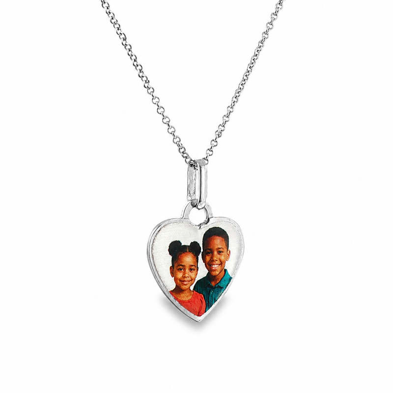 925 silver heart pendant with custom photo on delicate silver chain necklace.