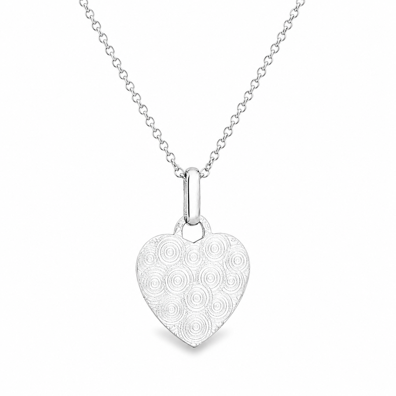 925 silver heart pendant with engraved swirl pattern on delicate chain.