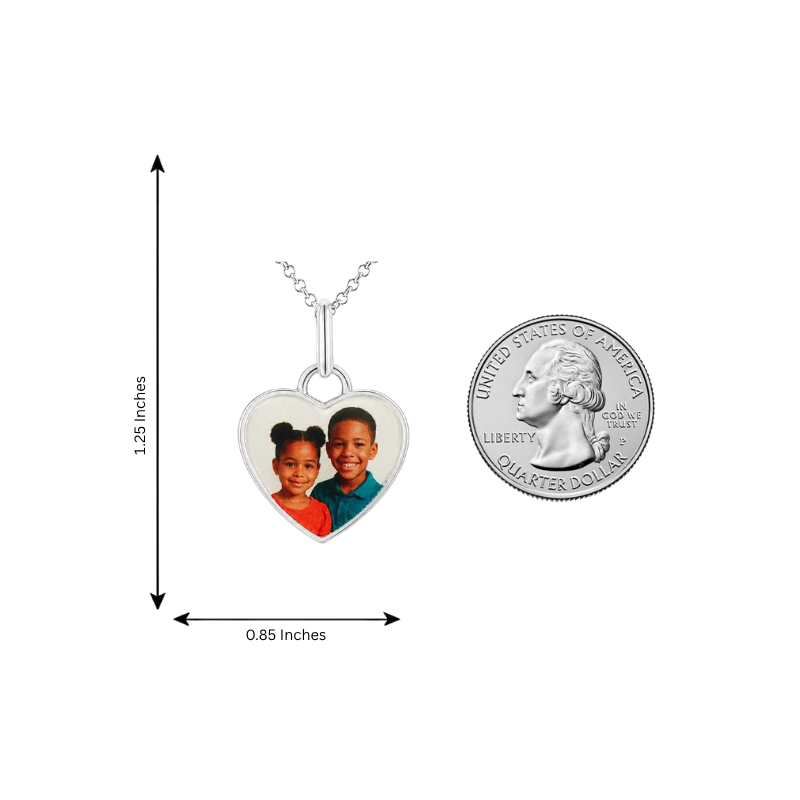 .925 silver heart pendant with photo insert and delicate chain, 1.25 by 0.85 inches.