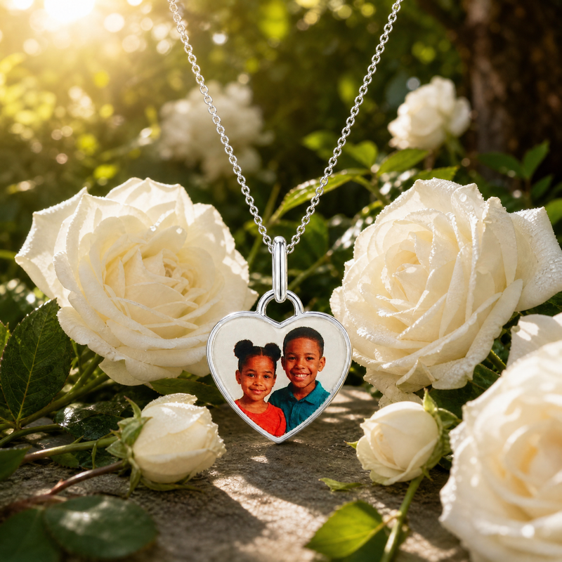 925 silver heart pendant with photo on delicate chain, surrounded by white roses outdoors.