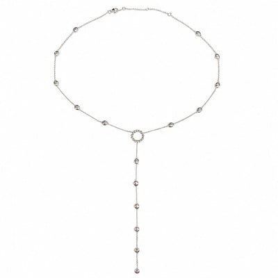 925 silver lariat necklace with small round beads and adjustable drop chain closure.