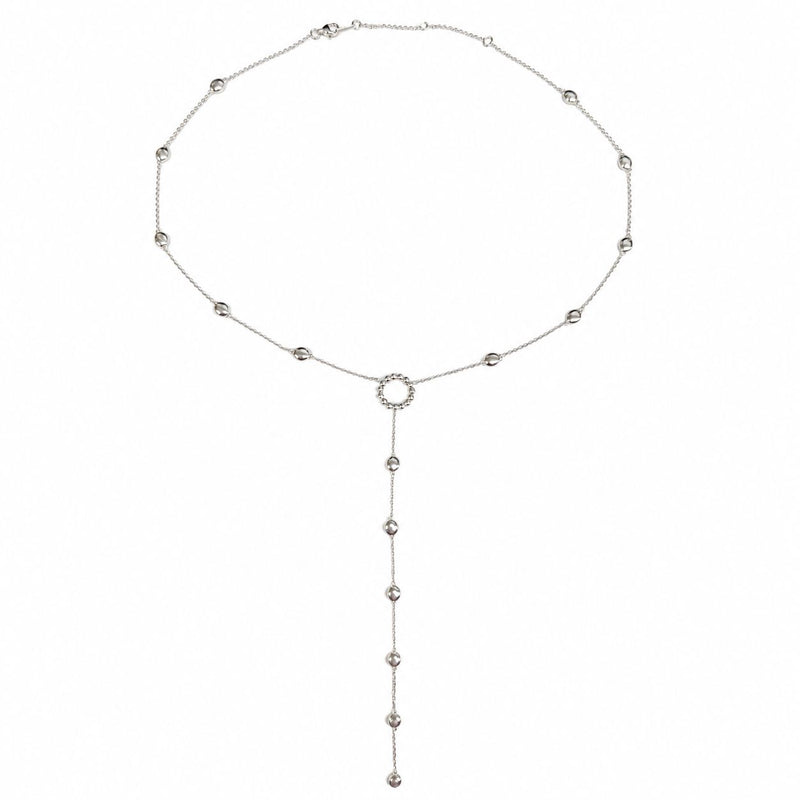 925 silver lariat necklace with small round beads and adjustable drop chain closure.