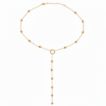 Gold plated .925 silver lariat necklace with bead chain and adjustable drop pendant.