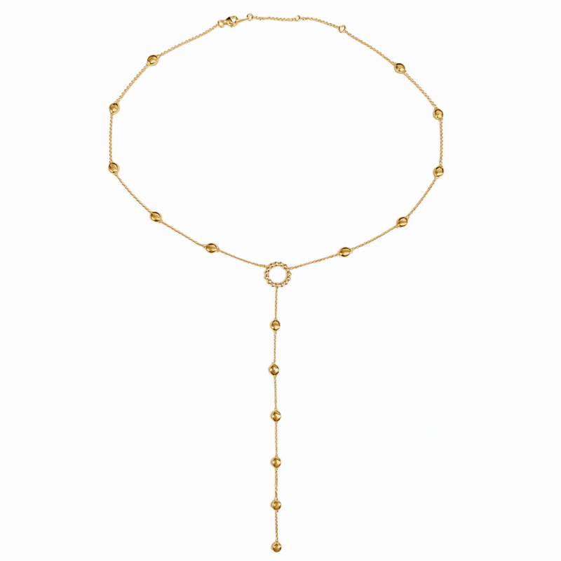 Gold plated .925 silver lariat necklace with bead chain and adjustable drop pendant.