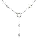 Sterling silver lariat necklace with circular ring and elongated chain links.
