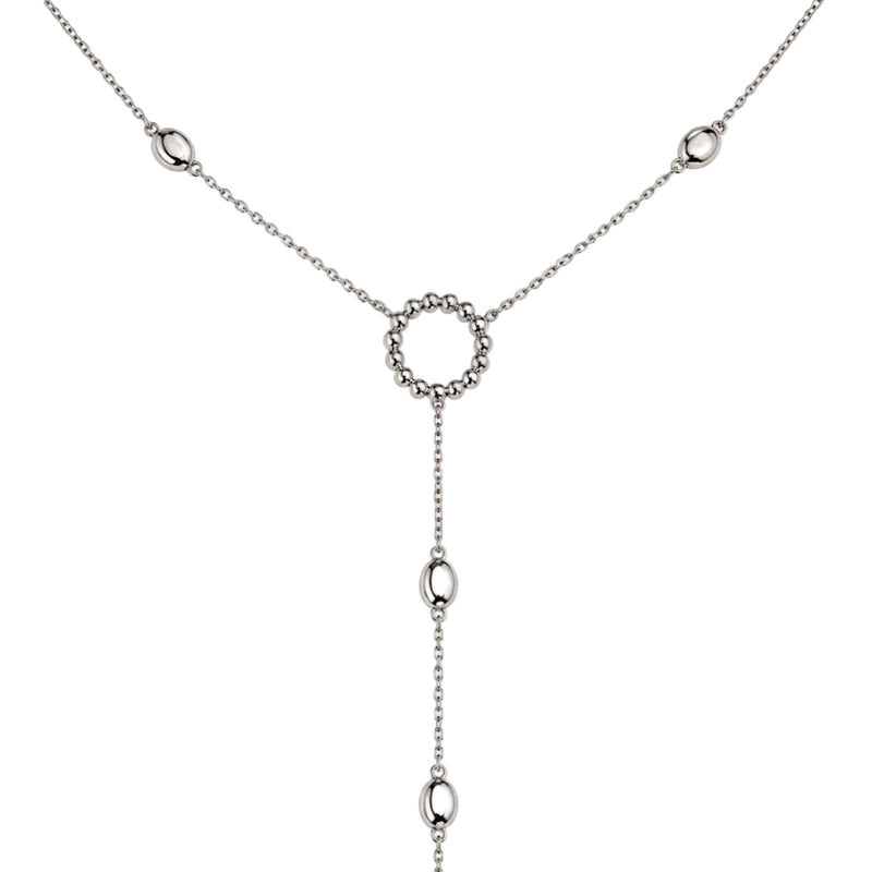 Sterling silver lariat necklace with circular ring and elongated chain links.