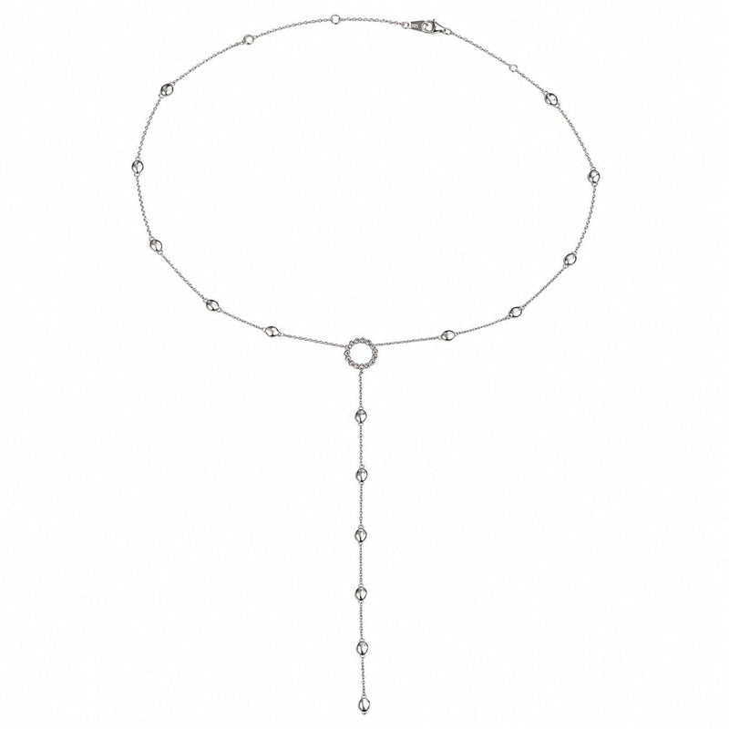 Sterling silver lariat necklace with small bead accents and circular loop detail.