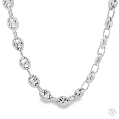 Sterling silver 6mm mariner chain necklace with oval links and textured edges.