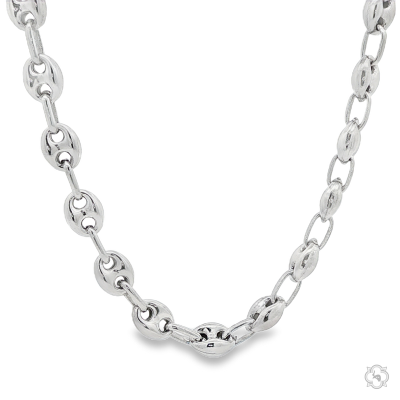 Sterling silver 6mm mariner chain necklace with oval links and textured edges.