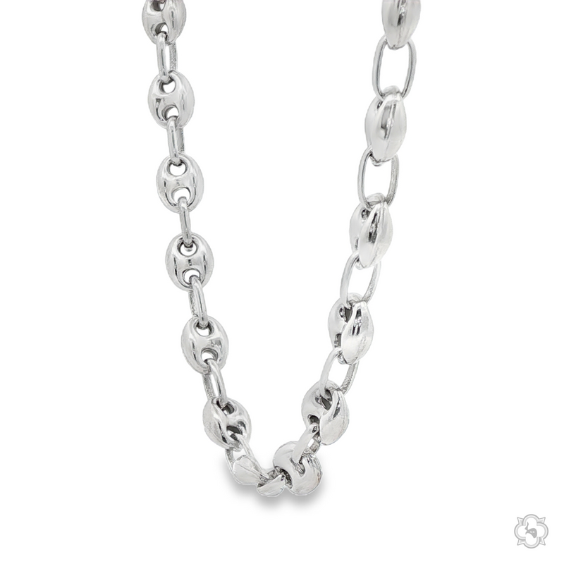 Sterling silver 6mm mariner chain necklace with oval links, polished finish.