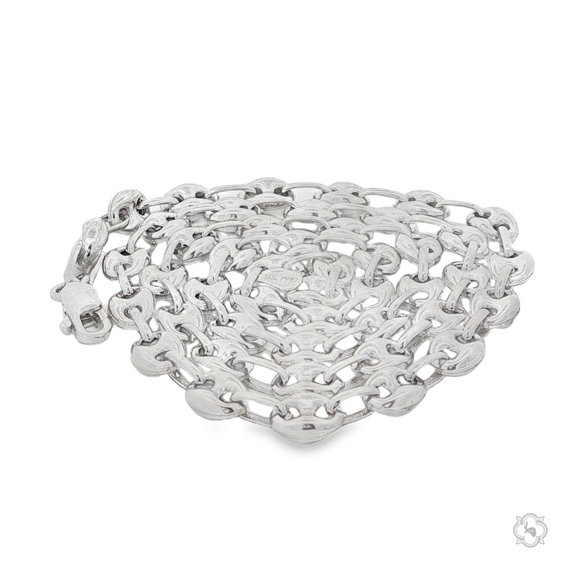 Sterling silver mariner chain necklace with 6mm flat oval links and lobster clasp.