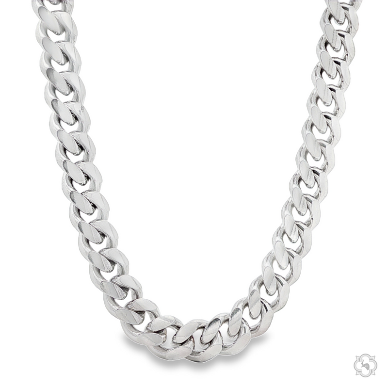9.5mm thick polished .925 silver Miami Cuban chain necklace with flat interlocking links.