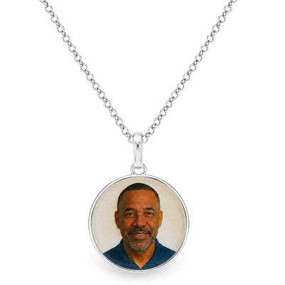 925 silver round photo pendant necklace with a man’s portrait inside.