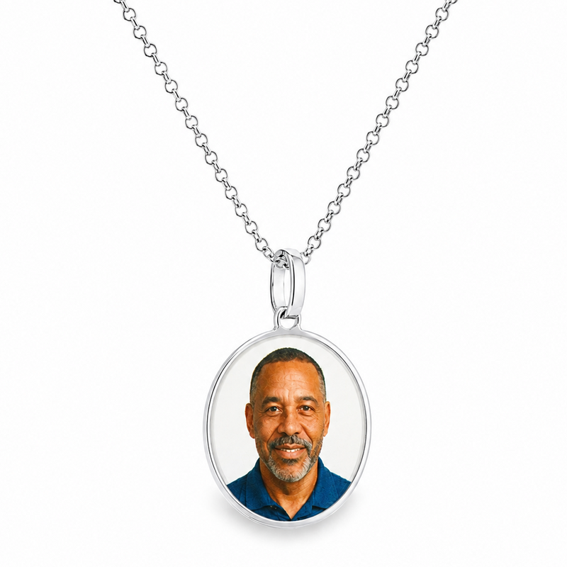 925 silver oval photo pendant necklace with polished finish and fine chain.