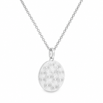 925 silver oval photo pendant with textured spiral pattern on delicate chain.
