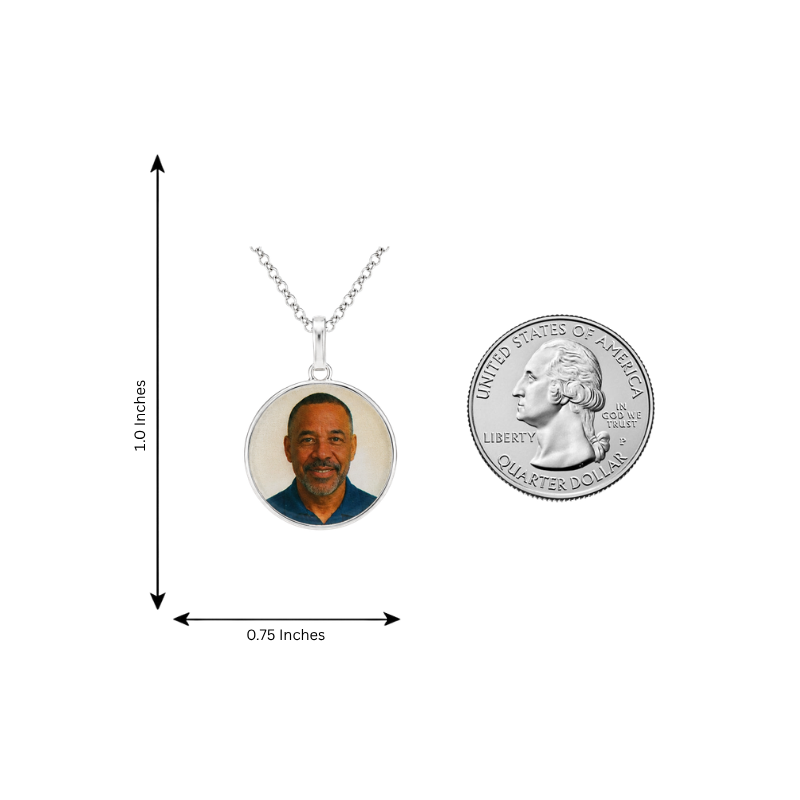 .925 silver round photo pendant with chain, 0.75-inch diameter, men's jewelry accessory.