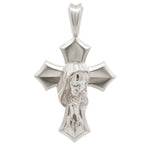 Sterling silver cross pendant featuring detailed praying Virgin Mary design.