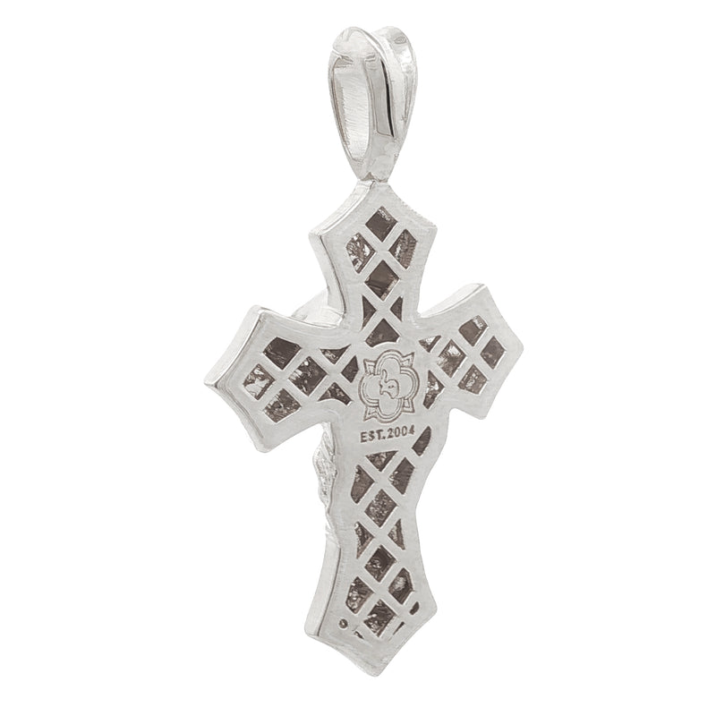 Silver .925 cross pendant with praying Virgin Mary and lattice design.
