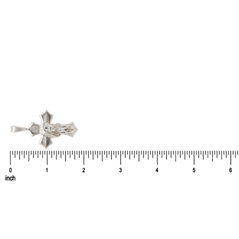 925 silver cross pendant with detailed praying Virgin Mary figure, 1.25 inches tall.