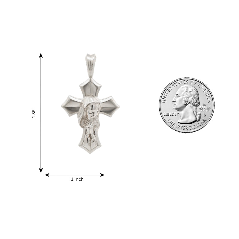 925 silver cross pendant with praying Virgin Mary detailed sculpture.