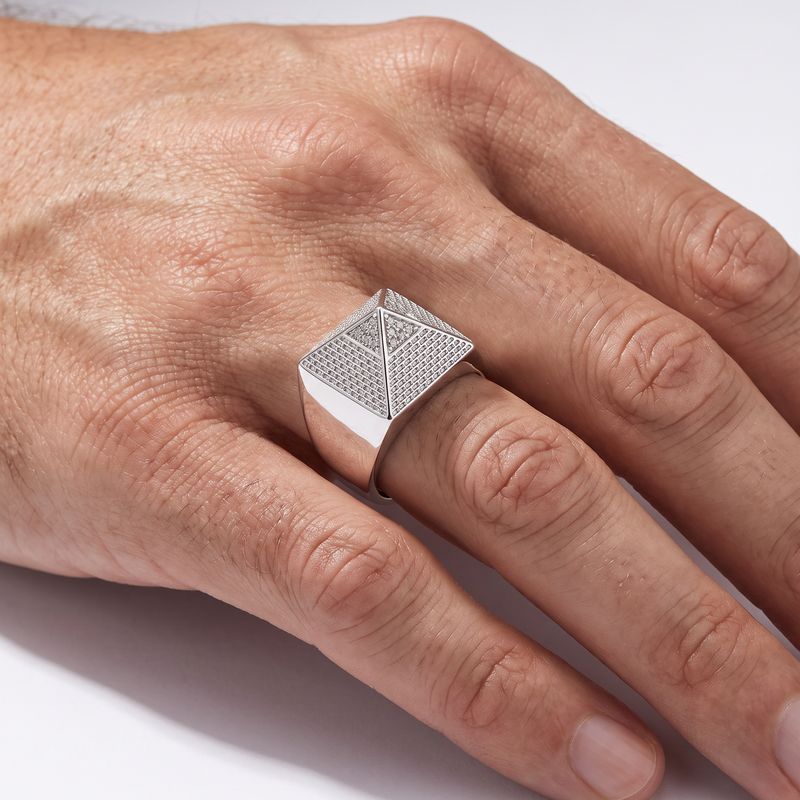 Men's .925 silver pyramid ring with textured detail and small diamond accents.