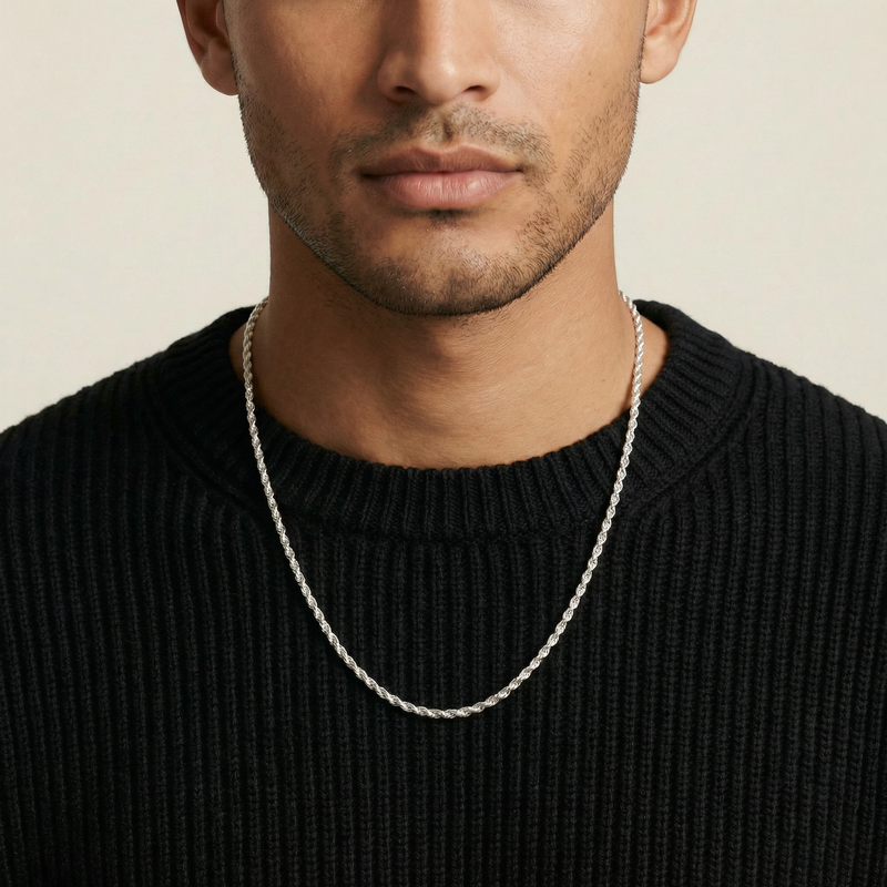 Man wearing a black sweater with a silver chain necklace against a beige background
