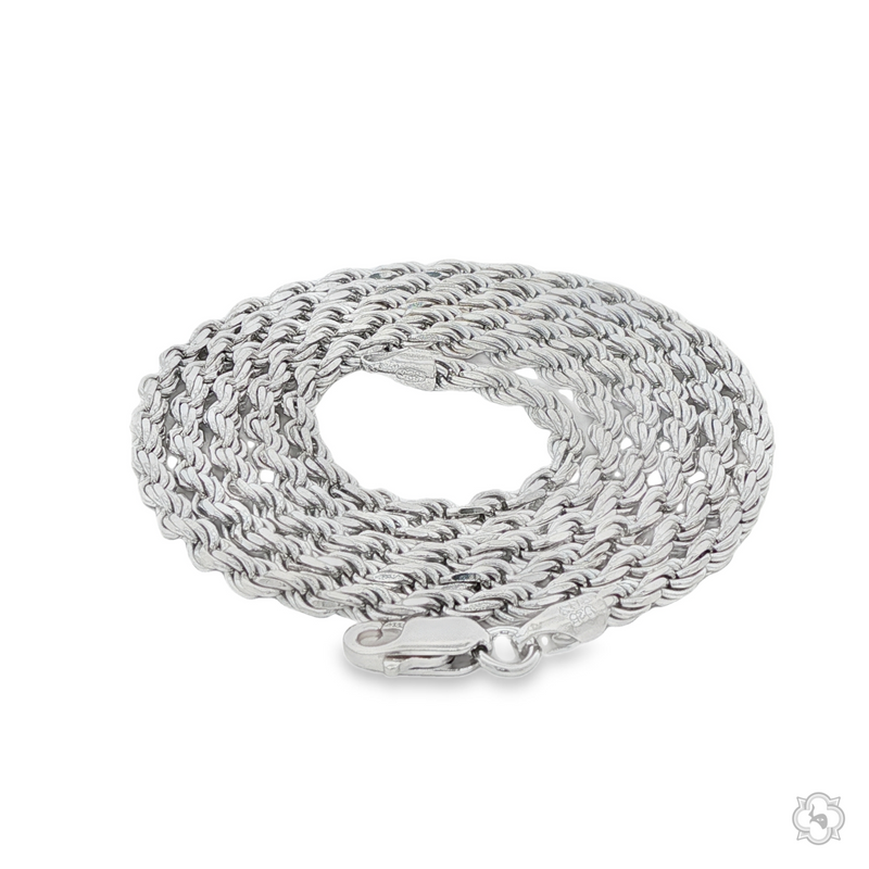 Sterling silver rope chain with 2.8mm twisted link design and lobster clasp closure.