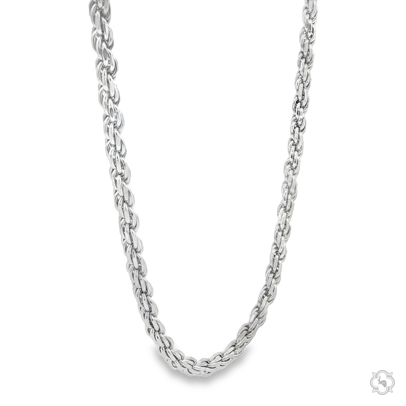 Sterling silver 3.2mm rope chain with twisted link design, polished finish, medium length.