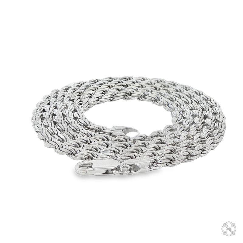 3.2mm thick .925 silver rope chain with polished finish and lobster clasp closure.