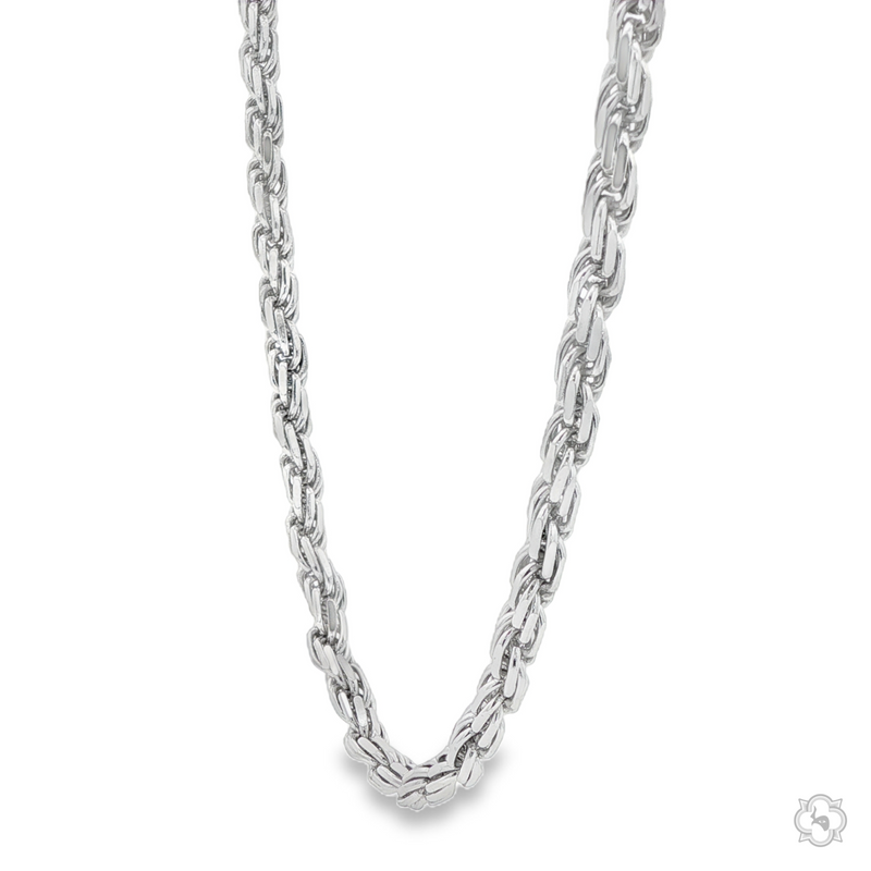 Sterling silver 3.6mm men's rope chain necklace with polished finish, 26 inches long.