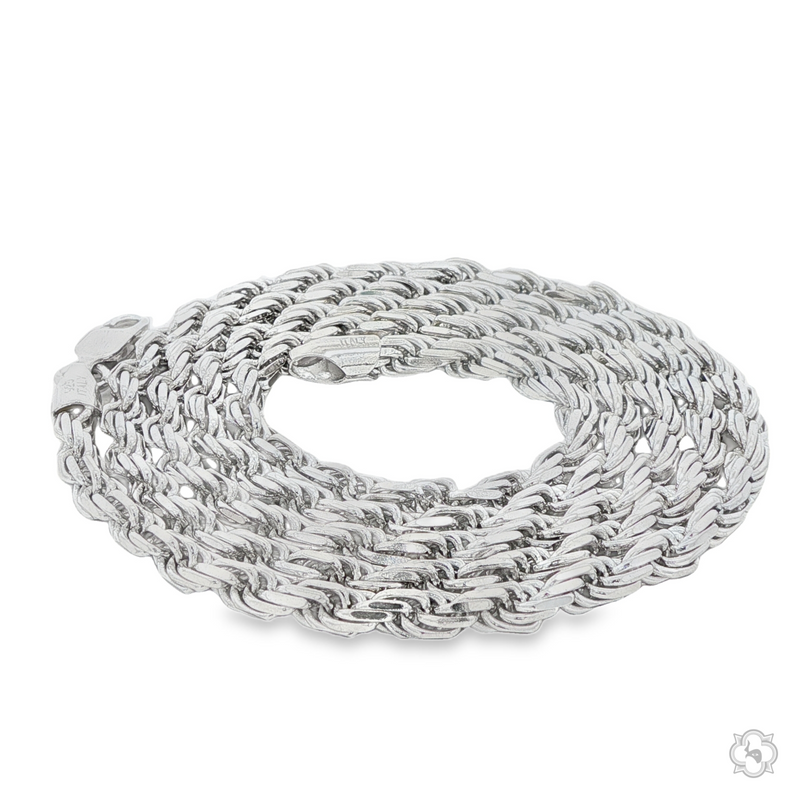 Polished silver rope chain with twisted links and a 3.6mm thickness laid flat.